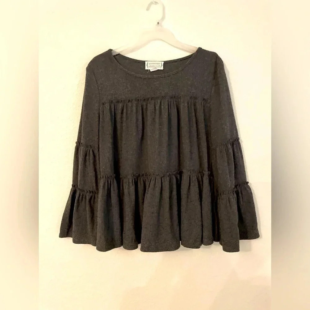 Love riche charcoal grey tiered long sleeve ruffle tunic top size S